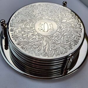 🔹️Vintage Silver Plated Etched Coasters & Holder 6 piece Set